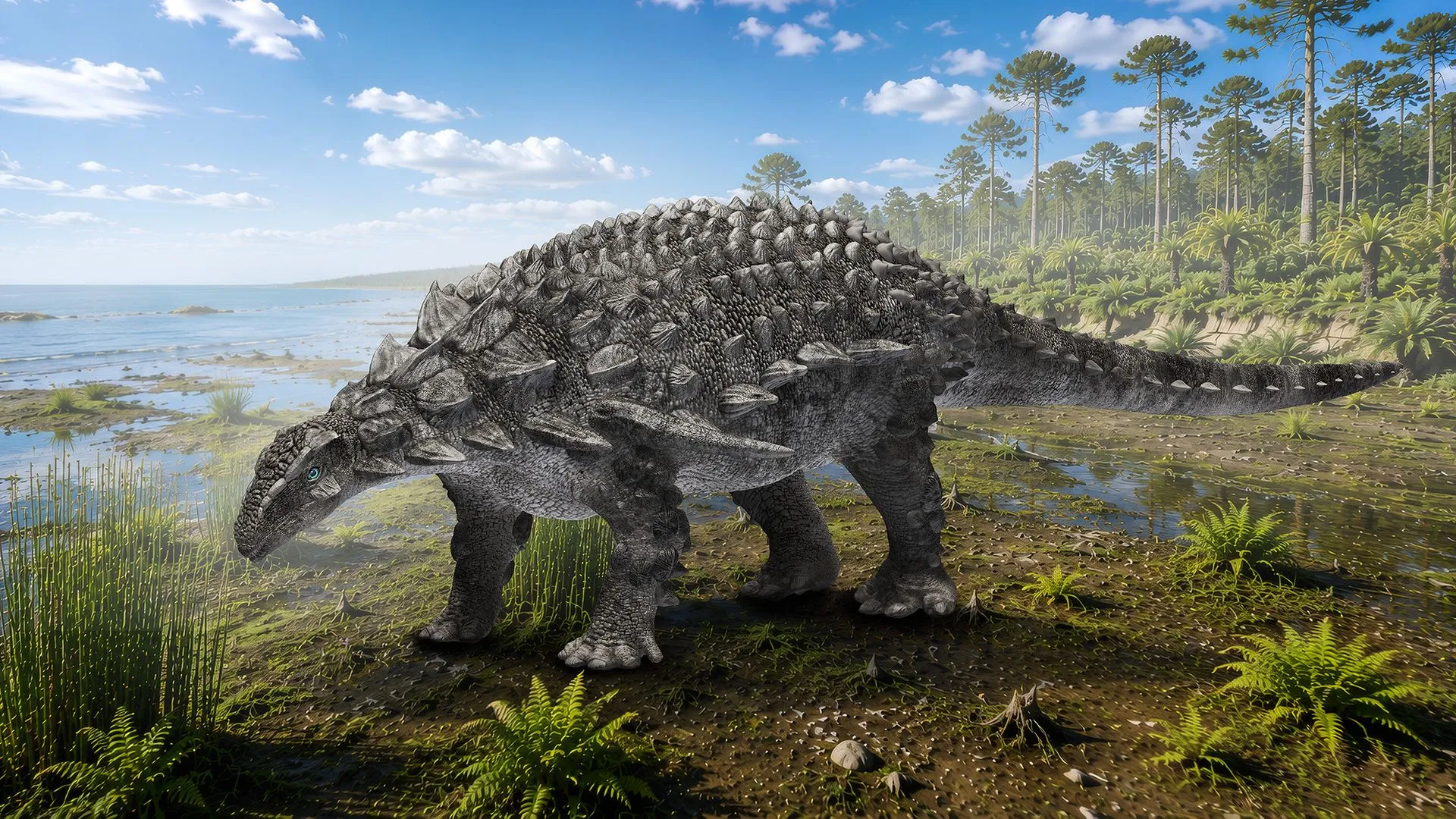 ديناصور مدرّع من نوع Nipponopelta yezoensis على ساحل جزيرة هوكايدو اليابانية في العصر الطباشيري، يظهر صفائح عظمية تحمي جسمه.