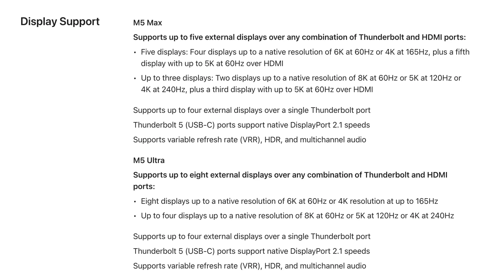 تفاصيل دعم شاشات Mac Studio بمعالجات M5 Max وM5 Ultra مع توضيح عدد الشاشات المدعومة ودقة العرض ومنافذ Thunderbolt وHDMI.