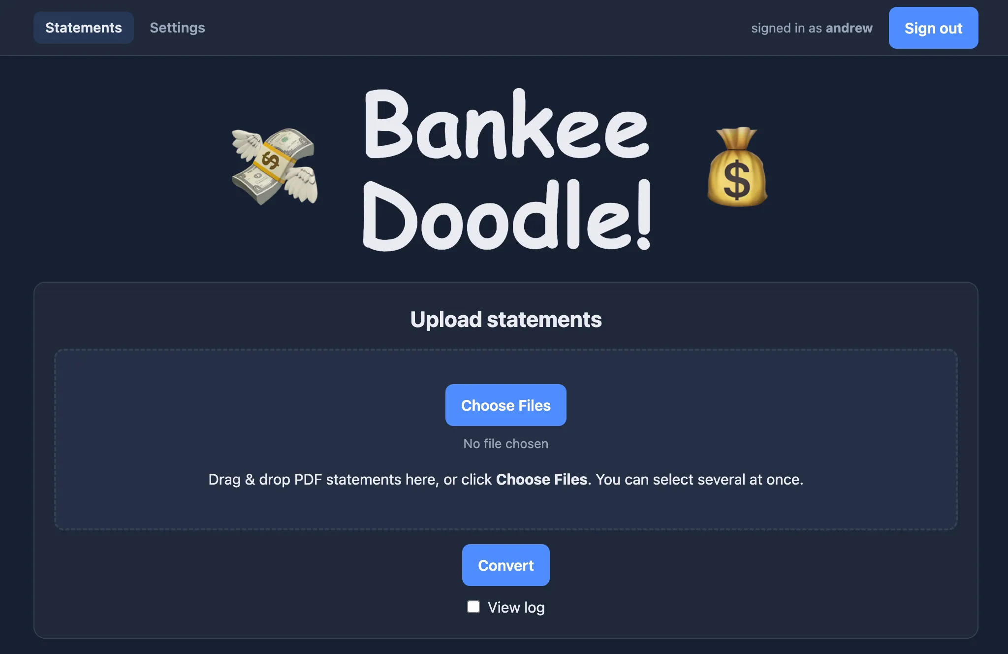 واجهة تطبيق Bankee Doodle لتحليل كشف الحسابات البنكية بصيغة PDF مع خيارات رفع الملفات وتحويلها، موجهة لتحسين الخصوصية والسيطرة على البيانات.
