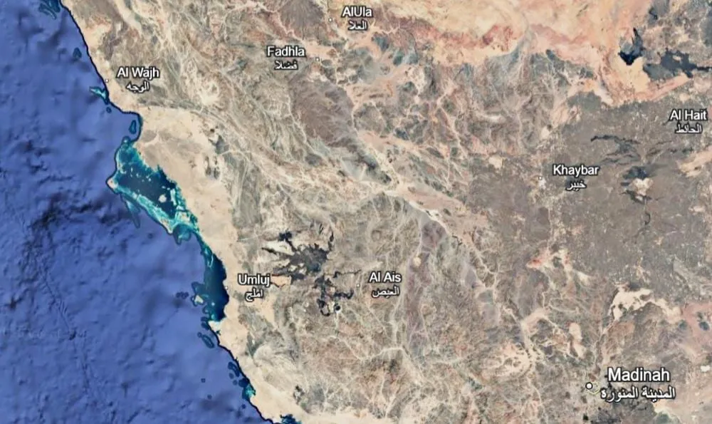 خريطة توضح موقع العُلا شمال غرب السعودية قرب البحر الأحمر، كموقع جديد لمراقبة إشارات الليزر ضمن شبكة LaserSETI العالمية للبحث عن ذكاء خارج الأرض.