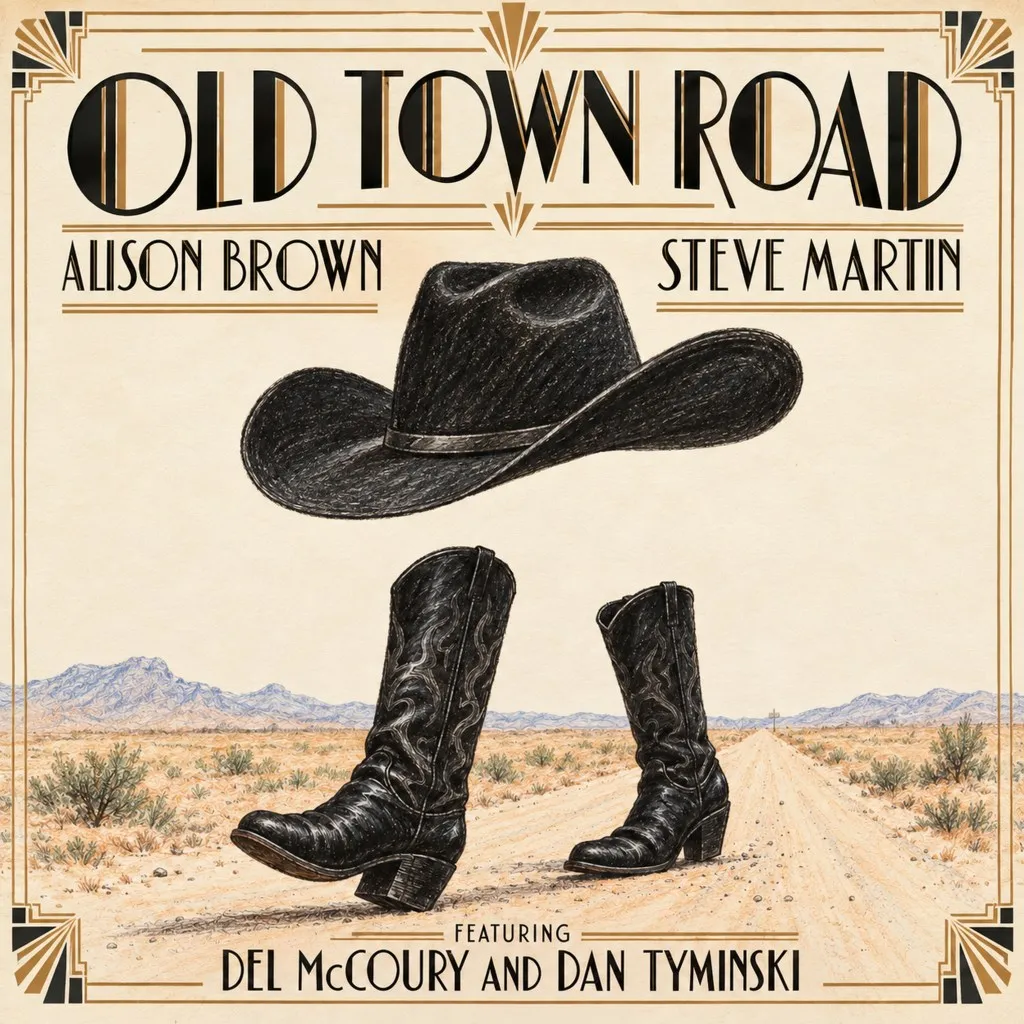قبعة وستة كاوبويز فوق طريق صحراوي طويل، تصميم غلاف ألبوم أغنية "Old Town Road" بنسخة بلوغراس من أليسون براون وستيف مارتن.