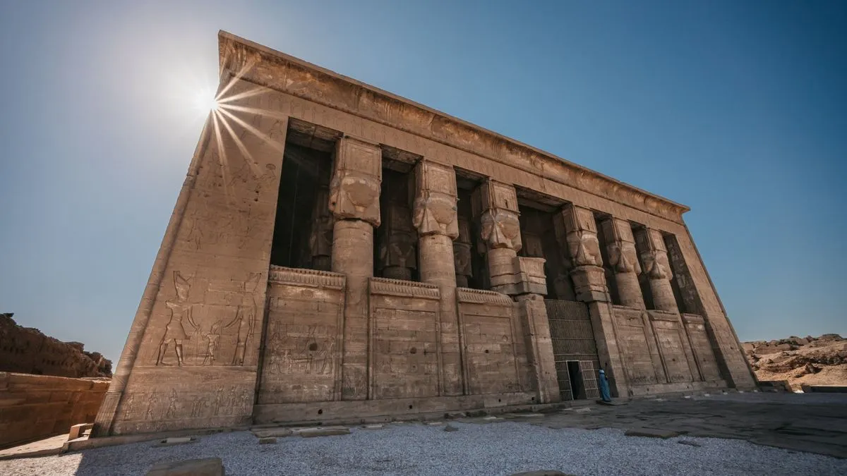 معبد حتشبسوت الجنائزي في الأقصر تحت ضوء الشمس الساطع مع نقوش وأعمدة ضخمة تعكس التراث الفرعوني العريق.