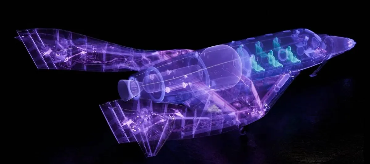 تصميم شفاف لمركبة دلتا الفضائية من Virgin Galactic يظهر مقاعد الركاب الستة والمحركات استعداداً لاختبارات الطيران التجارية.
