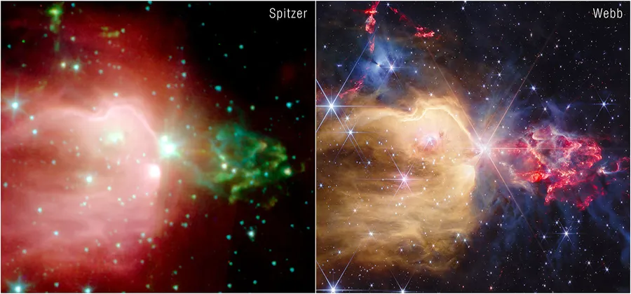 مقارنة بين صورة تلسكوب سبيتزر القديمة وصورة تلسكوب جيمس ويب الحديثة لحضانة نجمية NGC 7129 تظهر تفاصيل النجوم الوليدة والغاز والغبار بشكل أوضح.
