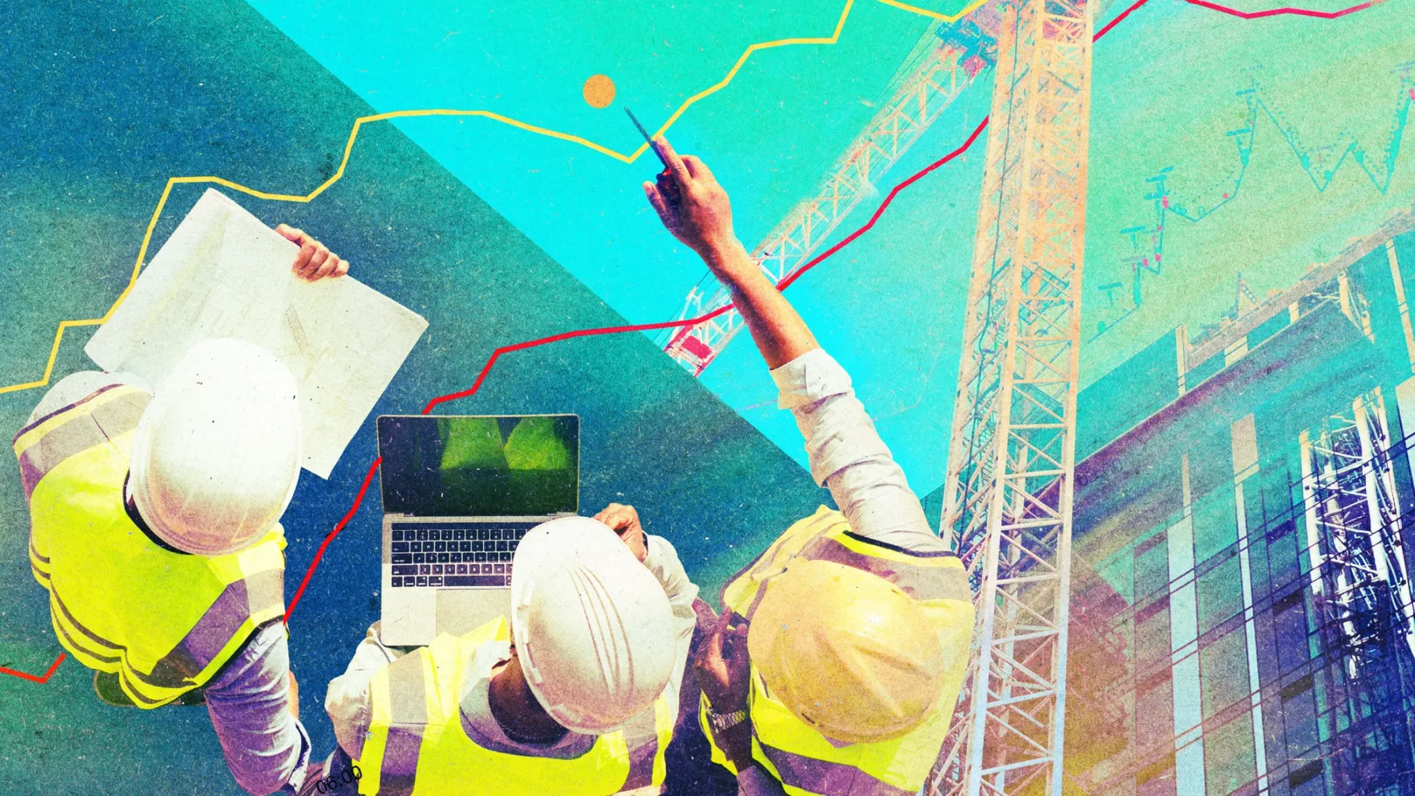 مهندسون يرتدون خوذات وأطقم أمان يراجعون مخططات ويستخدمون حاسوباً محمولاً في موقع بناء مع خطوط بيانية تمثل استثمارات شركات التكنولوجيا في مراكز بيانات الذكاء الاصطناعي.