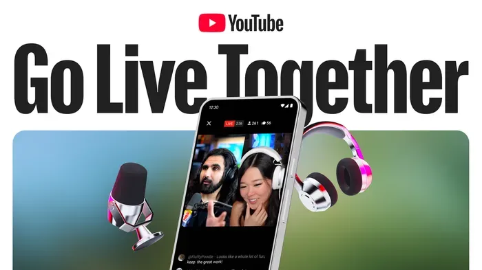 شعار YouTube مع هاتف يعرض بثاً مباشراً مشتركاً بين صانعَي محتوى، يبرز ميزة الدبلجة الفورية للبث المباشر.