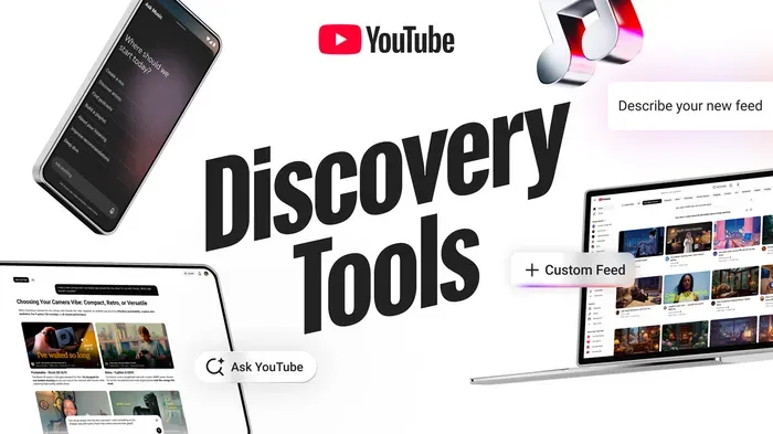 شاشات تعرض أدوات اكتشاف المحتوى الجديدة على يوتيوب مثل الخلاصات المخصصة وميزة Ask YouTube لتحسين تجربة المشاهدة والتفاعل.